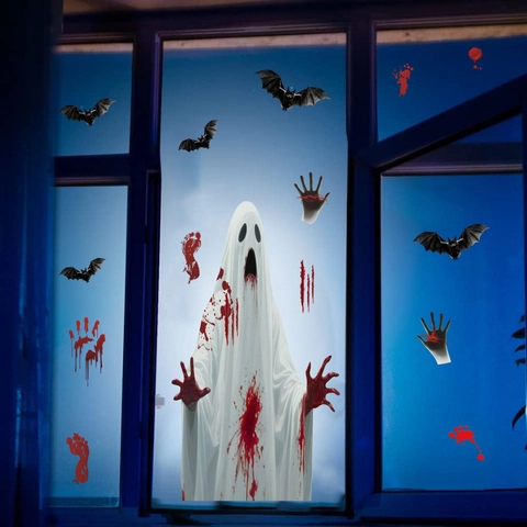 Halloween Fensteraufkleber Horror Blut Handabdruck Fußabdruck Weißer Geist Fledermaus Set PVC Statischer Aufkleber Für Deko