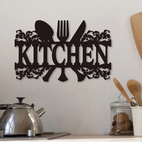 Decorazione da Parete per Cucina in Legno di Pioppo Traforato Minimalista Moderno Con Design Posate Ornamento Nero