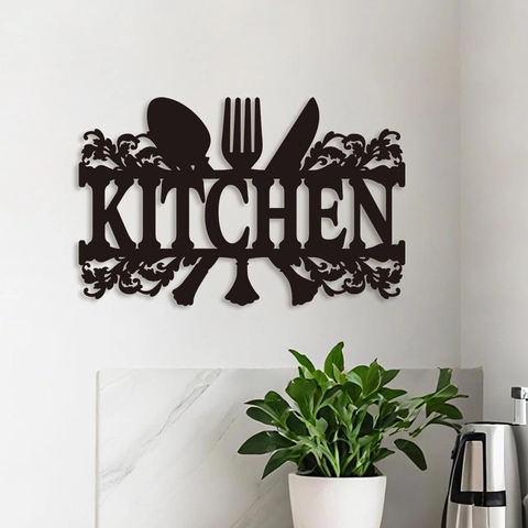 Decorazione da Parete per Cucina in Legno di Pioppo Traforato Minimalista Moderno Con Design Posate Ornamento Nero