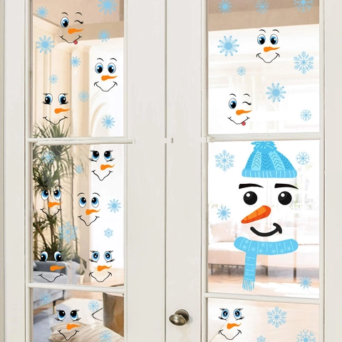 Weihnachten Schneemann DIY Wandsticker Blau Hut Schal Schneeflocken Fensteraufkleber Für Kühlschrank Glas Deko