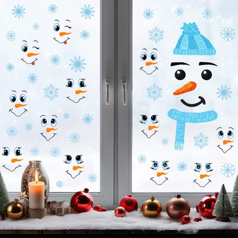 Weihnachten Schneemann DIY Wandsticker Blau Hut Schal Schneeflocken Fensteraufkleber Für Kühlschrank Glas Deko