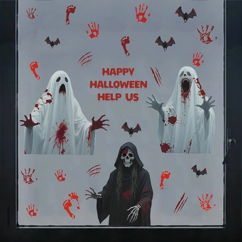Halloween Fensteraufkleber Sensenmann Weißer Geist Fledermaus Blutiger Handabdruck Wandtattoo Für Feiertag Party Glas Horror Deko