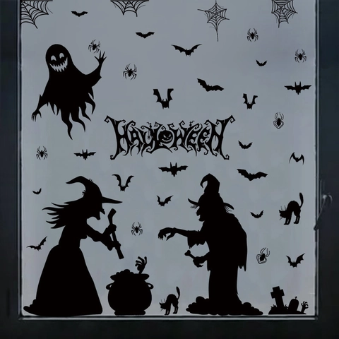 Autocollants de Fenêtre Halloween Silhouette Noire Sorcière Chauve-souris Fantôme Statique PVC Décoration de Fête de Festival Effrayant