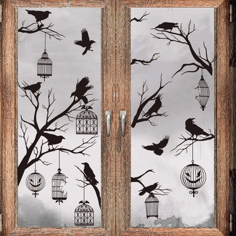 Autocollants de Fenêtre Halloween Silhouette Corbeau Noir Arbre Mort Cage à Oiseaux Décoration Fête Gothique PVC Électrostatique
