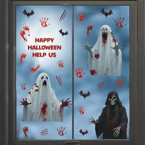 Halloween Fensteraufkleber Sensenmann Weißer Geist Fledermaus Blutiger Handabdruck Wandtattoo Für Feiertag Party Glas Horror Deko
