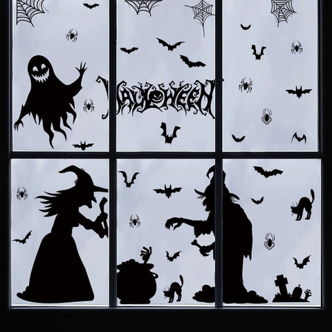 Autocollants de Fenêtre Halloween Silhouette Noire Sorcière Chauve-souris Fantôme Statique PVC Décoration de Fête de Festival Effrayant