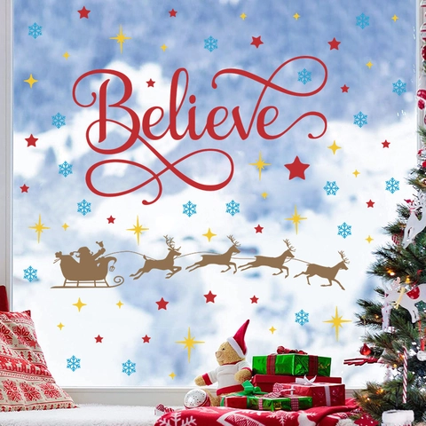Adesivi per Finestre di Natale Believe Renna Slitta Fiocchi di Neve PVC Decalcomanie per Vetro Muro Festa Casa
