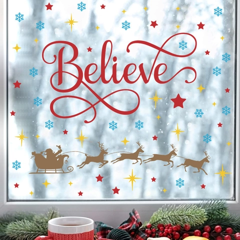 Adesivi per Finestre di Natale Believe Renna Slitta Fiocchi di Neve PVC Decalcomanie per Vetro Muro Festa Casa