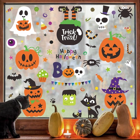 Autocollants de Fenêtre Citrouille Fantôme Halloween Décalcomanies Statiques en PVC pour Décoration de Fête Maison