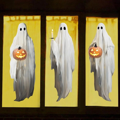 Adesivi per Finestre a Forma di Fantasma di Halloween in PVC Fantasma Bianco Con Lanterna di Zucca per Decorazione Domestica della Festa
