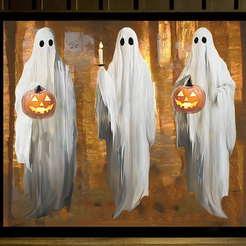 Adesivi per Finestre a Forma di Fantasma di Halloween in PVC Fantasma Bianco Con Lanterna di Zucca per Decorazione Domestica della Festa