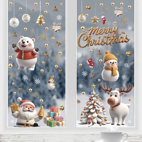 3D Weihnachten Fensteraufkleber Statisch Haftend Weihnachtsmann Rentier Schneeflocke Dekoration Für Glasfenster Feiertag Haus