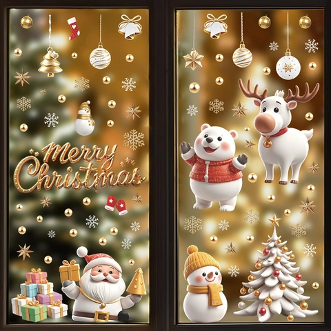 3D Weihnachten Fensteraufkleber Statisch Haftend Weihnachtsmann Rentier Schneeflocke Dekoration Für Glasfenster Feiertag Haus