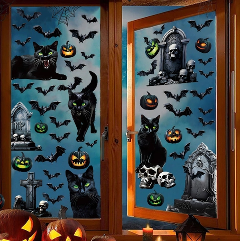 Halloween Black Cat Window Stickers PVC Static Cling Pumpkin Bat Tombstone Decals For Home Party Glass Decoration