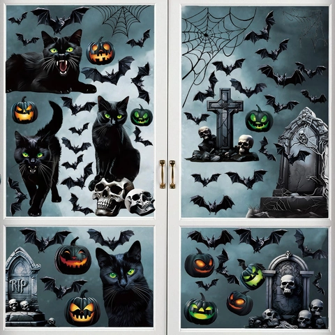 Halloween Black Cat Window Stickers PVC Static Cling Pumpkin Bat Tombstone Decals For Home Party Glass Decoration