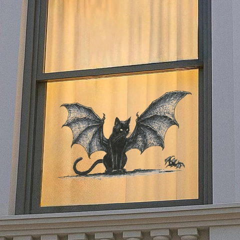 Στατικό Αυτοκόλλητο Παραθύρου Halloween Γοτθική Μαύρη Γάτα Με Φτερά Νυχτερίδας PVC Διακόσμηση για Παράθυρο Ψυγείο Γυαλί