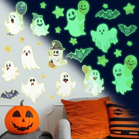 Pegatinas de Ventana de Halloween que Brillan en la Oscuridad Fantasmas Murciélagos Estrellas PVC Calcomanías de Pared