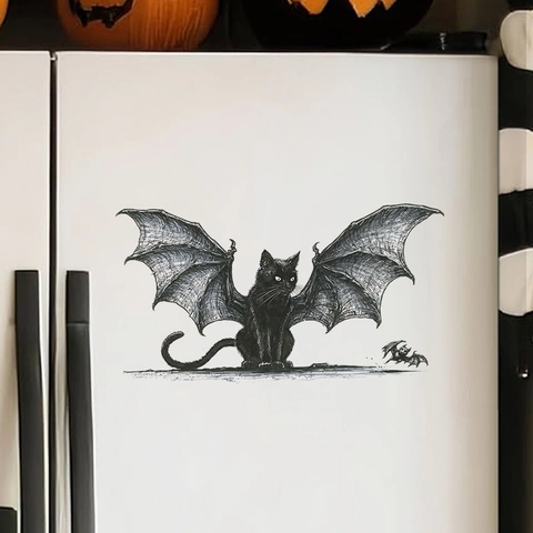 Στατικό Αυτοκόλλητο Παραθύρου Halloween Γοτθική Μαύρη Γάτα Με Φτερά Νυχτερίδας PVC Διακόσμηση για Παράθυρο Ψυγείο Γυαλί