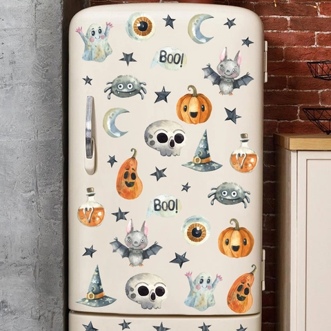 Halloween Watercolor Pumpkin Ghost Wall Stickers PVC Self Adhesive Window Decals For Home Party Decoration Glass Fridge Decor