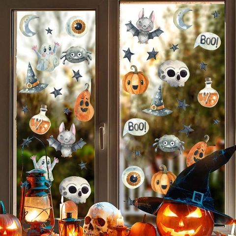 Halloween Watercolor Pumpkin Ghost Wall Stickers PVC Self Adhesive Window Decals For Home Party Decoration Glass Fridge Decor