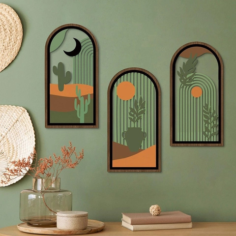 Bohemian Poplar Wood Wall Decor Geometric Abstract Arch Desert Botanical Wooden Signs For Living Room Bedroom Wall Art