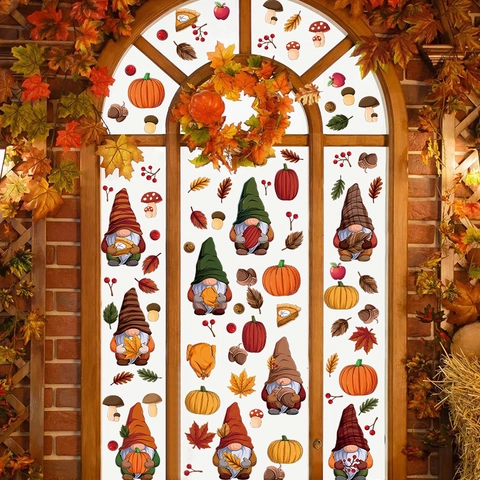 Pegatinas Ventana Otoño Gnomos Calabaza Hoja Arce Acción Gracias Pegatinas Estáticas Para Habitación Niños Decoración Vidrio Hogar