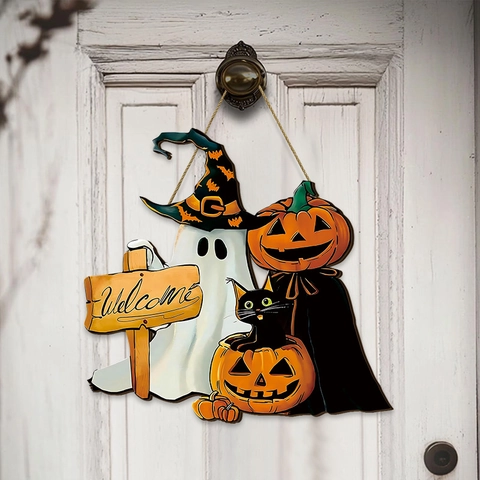 Cartel de Puerta de Madera de Halloween Fantasma Calabaza Bienvenida Placa Colgante Para Decoración de Pared de Sala Adorno Hogar