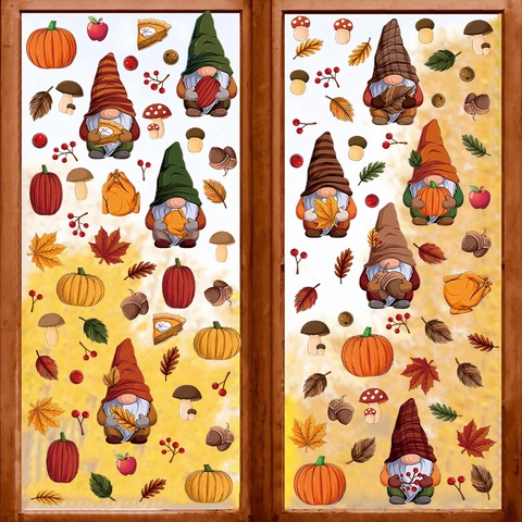 Pegatinas Ventana Otoño Gnomos Calabaza Hoja Arce Acción Gracias Pegatinas Estáticas Para Habitación Niños Decoración Vidrio Hogar