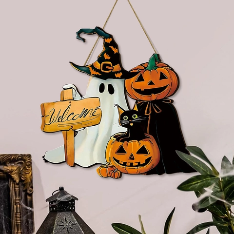 Cartel de Puerta de Madera de Halloween Fantasma Calabaza Bienvenida Placa Colgante Para Decoración de Pared de Sala Adorno Hogar