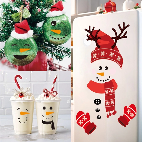 DIY Weihnachten Schneemann Gesicht Aufkleber Set PVC Wasserdicht Kühlschrank Fensterbilder Geweih Hut Schal Deko Für Heim