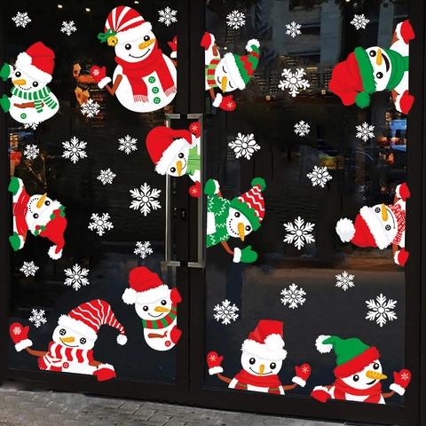 Weihnachten Fensteraufkleber Cartoon Schneemann Weihnachtsbaum Schneeflocke Statische PVC Wandaufkleber Für Urlaub Glas Dekor