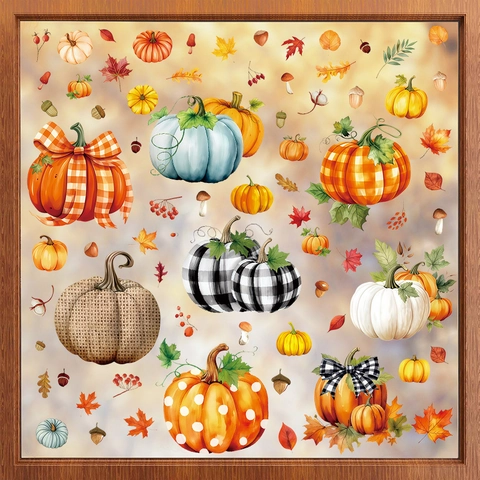 Adesivi per Finestre Autunnali con Zucca e Foglie di Acero Decalcomanie Elettrostatiche in PVC per Decorazione Domestica Festiva