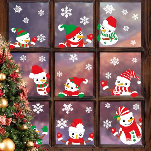 Weihnachten Fensteraufkleber Cartoon Schneemann Weihnachtsbaum Schneeflocke Statische PVC Wandaufkleber Für Urlaub Glas Dekor