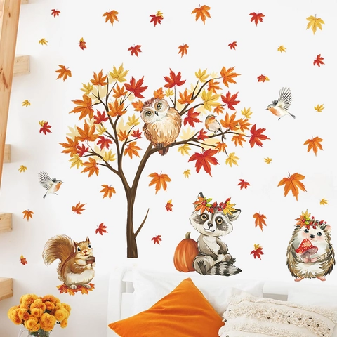 Autumn Forest Animals Maple Leaf Wall Stickers Thanksgiving PVC Self Adhesive Decal For Kids Room Window Decoration