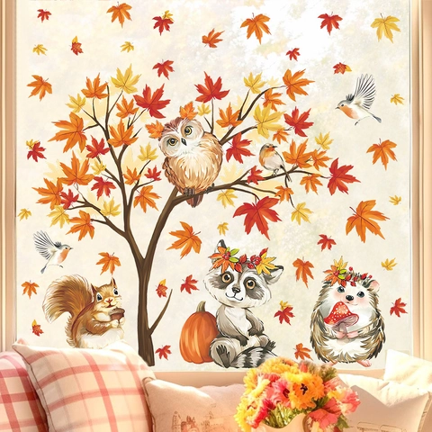Autumn Forest Animals Maple Leaf Wall Stickers Thanksgiving PVC Self Adhesive Decal For Kids Room Window Decoration
