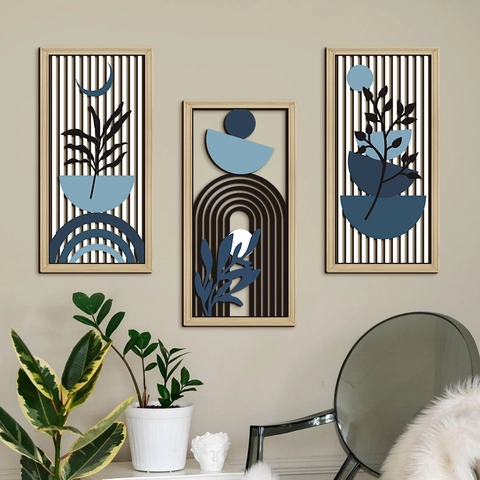 Bohemian Abstract Leaf Geometric Wood Hollow Wall Decor Set Of 3 Modern Minimalist Poplar Wood Plant Hanging Art Ornament
