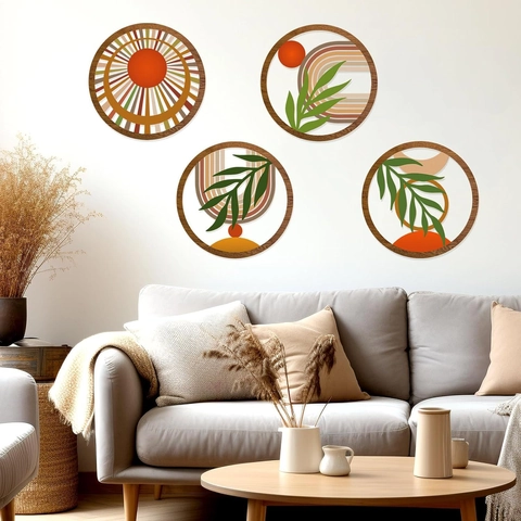 Bohemian Poplar Wood Wall Art Hollow Round Nature Sun Leaf Rainbow Decorative Hanging Plaques For Bedroom Living Room Home