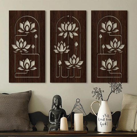Decorazione da Parete in Legno Cavo Loto Stile Zen Insegna Sospesa Botanica in Legno di Pioppo per Soggiorno Ufficio Casa