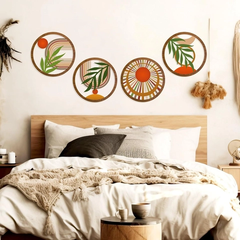 Bohemian Poplar Wood Wall Art Hollow Round Nature Sun Leaf Rainbow Decorative Hanging Plaques For Bedroom Living Room Home