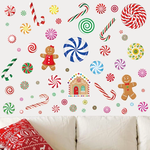 Christmas Candy Gingerbread Man Wall Stickers PVC Self Adhesive Window Decals For Home Fridge Holiday Decoration Multi Color