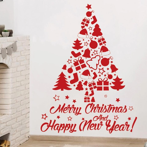 Kerstboom Alfabet Muursticker PVC Rood Zwart Zelfklevende Raamsticker Voor Woonkamer Huis Feestdecoratie