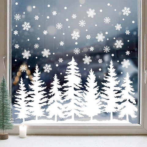 Christmas Window Stickers White Snowflake Pine Tree Static Cling PVC Decals For Glass Holiday Party Decor Winter Home Decor