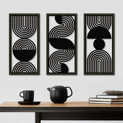 Modern Minimalist Black Abstract Geometric Line Wood Wall Decor Panels Hollow Art Hanging Decoration For Living Room Bedroom