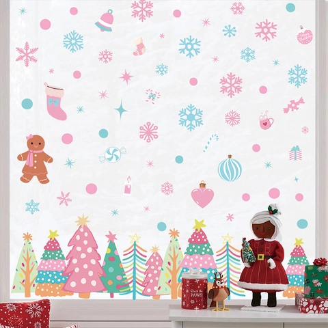 Rosa Weihnachtsbaum Fensteraufkleber Statische Haftung Schneeflocke Lebkuchenmann Aufkleber Party Glas Home Dekoration