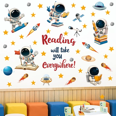 Astronaut Weltraum Thema Wandtattoo Für Kinderzimmer Cartoon Rakete Planet Stern Wasserdichte PVC Wandsticker Lese Zitat
