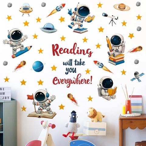 Astronaut Weltraum Thema Wandtattoo Für Kinderzimmer Cartoon Rakete Planet Stern Wasserdichte PVC Wandsticker Lese Zitat