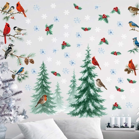 Weihnachten Fensterbilder PVC Wasserdicht Wandaufkleber Roter Kardinal Vogel Schneekiefer Schneeflocke Winter Dekoration