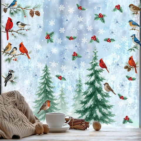 Weihnachten Fensterbilder PVC Wasserdicht Wandaufkleber Roter Kardinal Vogel Schneekiefer Schneeflocke Winter Dekoration