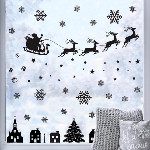 Pegatinas de Pared de Feliz Navidad Silueta Negra Papá Noel Reno Copos de Nieve PVC Impermeable Calcomanías de Ventana