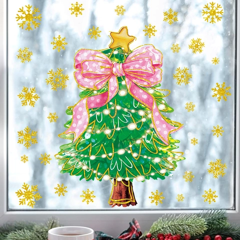 Rosa Schleife Weihnachtsbaum Wandtattoo Gold Schneeflocken PVC Selbstklebende Fenstersticker Für Zuhause Dekoration
